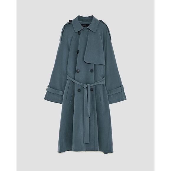 Zara Women's Blue Button Front Flowy Trench Coat - Picture 1 of 11